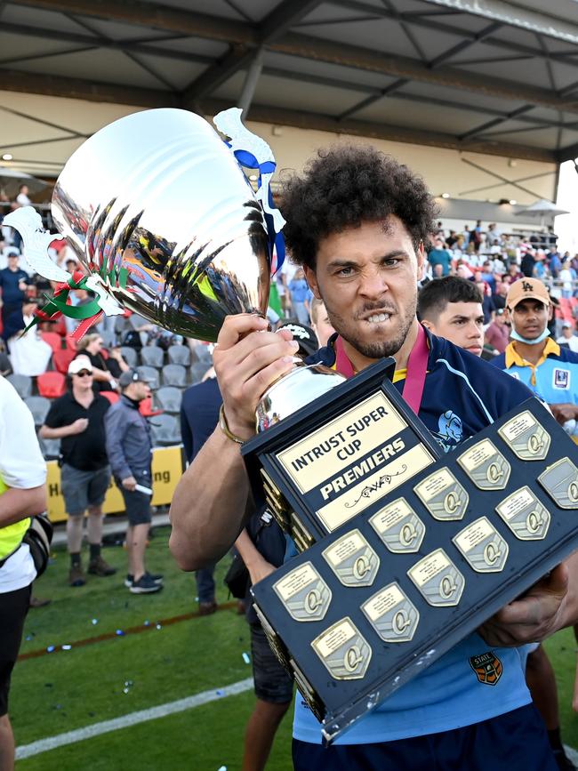 BRISBANE, AUSTRALIA - OCTOBER 10: Bernard Gregorius of the Devils celebrates victory after the 2021 QRL Intrust Super Cup Grand Final match between the Norths Devils and the Wynnum-Manly Seagulls at Moreton Daily Stadium on October 10, 2021, in Brisbane, Australia. (Photo by Bradley Kanaris/Getty Images)