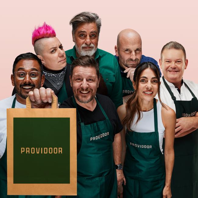 Justin Narayan, Anna Polyviou, Matt Preston, Manu Feildel, George Calombaris, Silvia Colloca, Gary Mehigan. For Providoor launch, October 2023