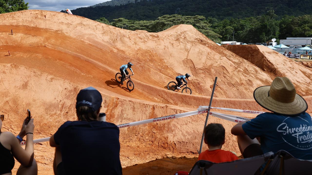 Jonathan Simek and Jayce Cunning compete in the Speed &amp; Style competition on Day Two of the Crankworx Cairns mountain bike festival, held at the Smithfield Mountain Bike Park. Picture: Brendan Radke