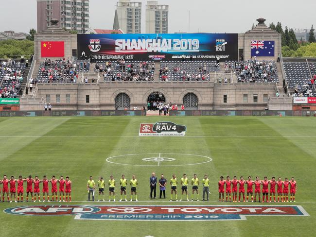 SHANGHAI, CHINA - JUNE 02: A general view of the national anthem during the 2019 AFL round 11 match between the St Kilda Saints and the Port Adelaide Power at Jiangwan Stadium on June 02, 2019 in Shanghai, China. (Photo by Michael Willson/AFL Photos)