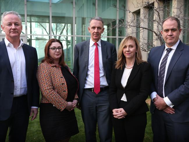 News Corp Australia’s Campbell Reid (centre) with Nine CEO Hugh Marks, SBS executive Clare O’Neil, Bridget Fair CEO of Free TV Australia and ABC boss David Anderson met with Attorney-General Christian Porter. Picture: Kym Smith