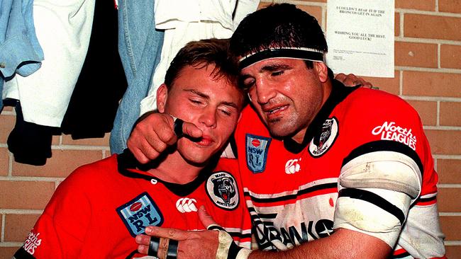 Chris Caruana and Mario Fenech celebrate the Bears’ win over the Broncos.