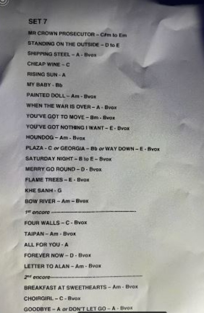 The set list from Cold Chisel's warm up show. Picture: Kathy McCabe