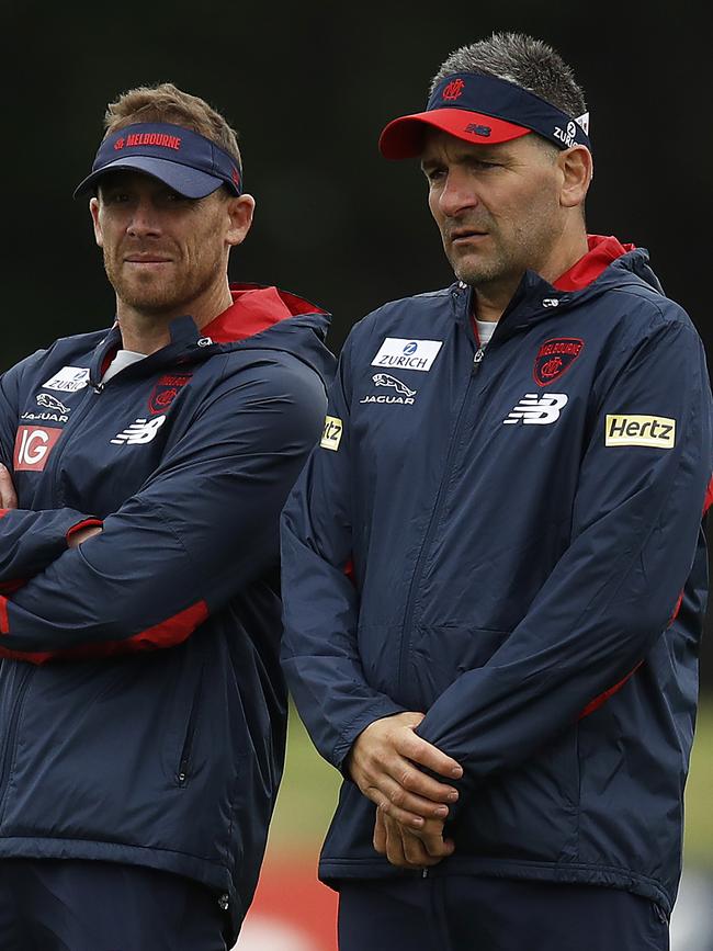 Adem Yze (right), with coach Simon Goodwin, has returned to the Demons. Picture: Getty Images