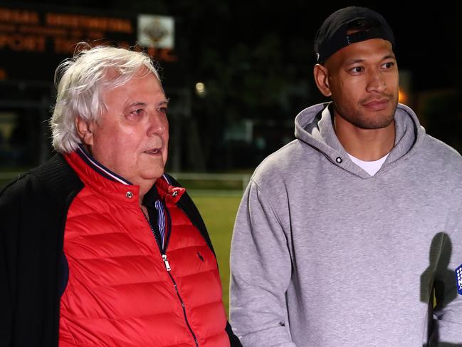 GOLD COAST, AUSTRALIA - MAY 27: Clive Palmer and Israel Folau speak to media at Owen Park on May 27, 2021 in Gold Coast, Australia. (Photo by Chris Hyde/Getty Images)