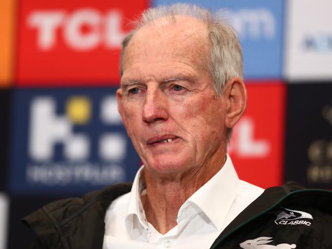 BRISBANE, AUSTRALIA - AUGUST 27: Rabbitohs Head Coach Wayne Bennett speaks to media during the round 24 NRL match between the Sydney Roosters and the South Sydney Rabbitohs at Suncorp Stadium, on August 27, 2021, in Brisbane, Australia. (Photo by Chris Hyde/Getty Images)