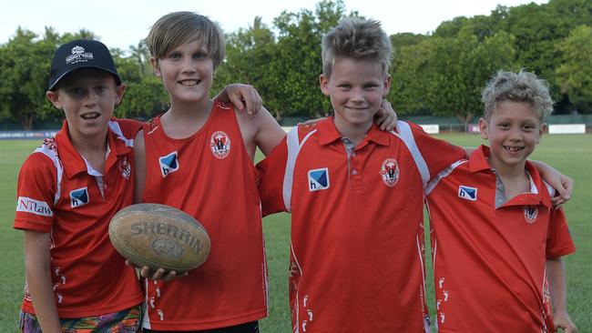 Waratah fans Matty May, Charlie Bryan, Tate Watts and Allesio Ayres at the opening game of the NTFL 22/23 season. Picture: (A)manda Parkinson