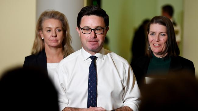 Nationals party leader David Littleproud with Bridget McKenzie, left, and Perin Davey at Parliament House in Canberra. Picture: NCA NewsWire / Tracey Nearmy