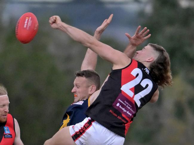 Essendon Doutta StarsÃ James Barnes and Pascoe ValeÃs Lachlan Stredwick during the EDFL Essendon Doutta Stars v Pascoe Vale football match in Essendon, Saturday, July 22, 2023. Picture: Andy Brownbill