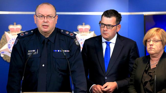 Chief Commissioner Graham Ashton, Premier Daniel Andrews and Police Minister Lisa Neville. Picture: Mark Stewart