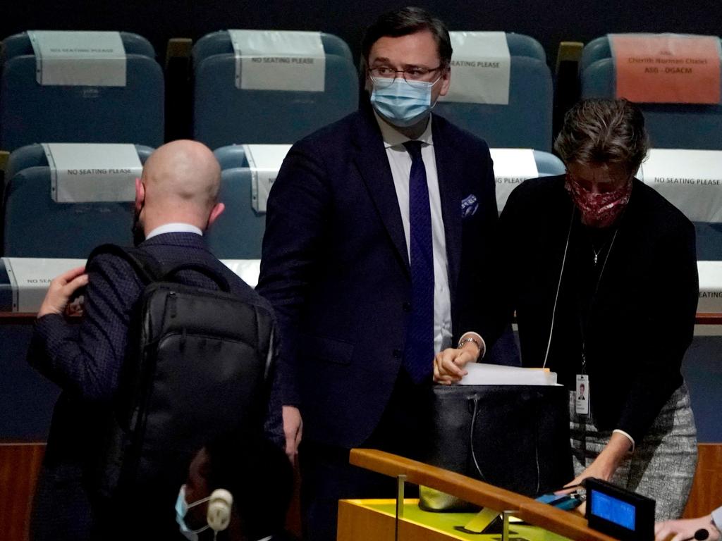 Ukrainian Foreign Minister Dmytro Kuleba walked out of the General Assembly 58th plenary meeting in New York, as Russian Ambassador to the UN Vassily Nebenzya spoke. Picture: AFP