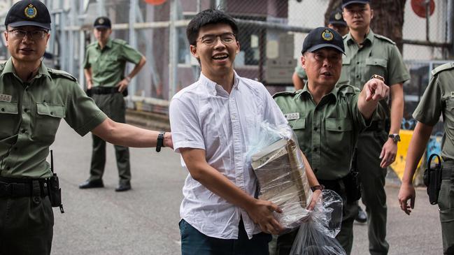 Joshua Wong leaves Lai Chi Kok Correctional Institute in Hong Kong yesterday. Picture: AFP