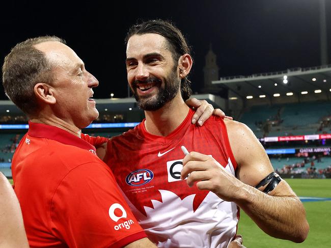 Sydney Swans coach John Longmire with Brodie Grundy during the AFL Opening Round match between the Sydney Swans and Melbourne Demons at the SCG on March 7, 2024. Photo by Phil Hillyard (Image Supplied for Editorial Use only – Phil Hillyard **NO ON SALES** – Â©Phil Hillyard )