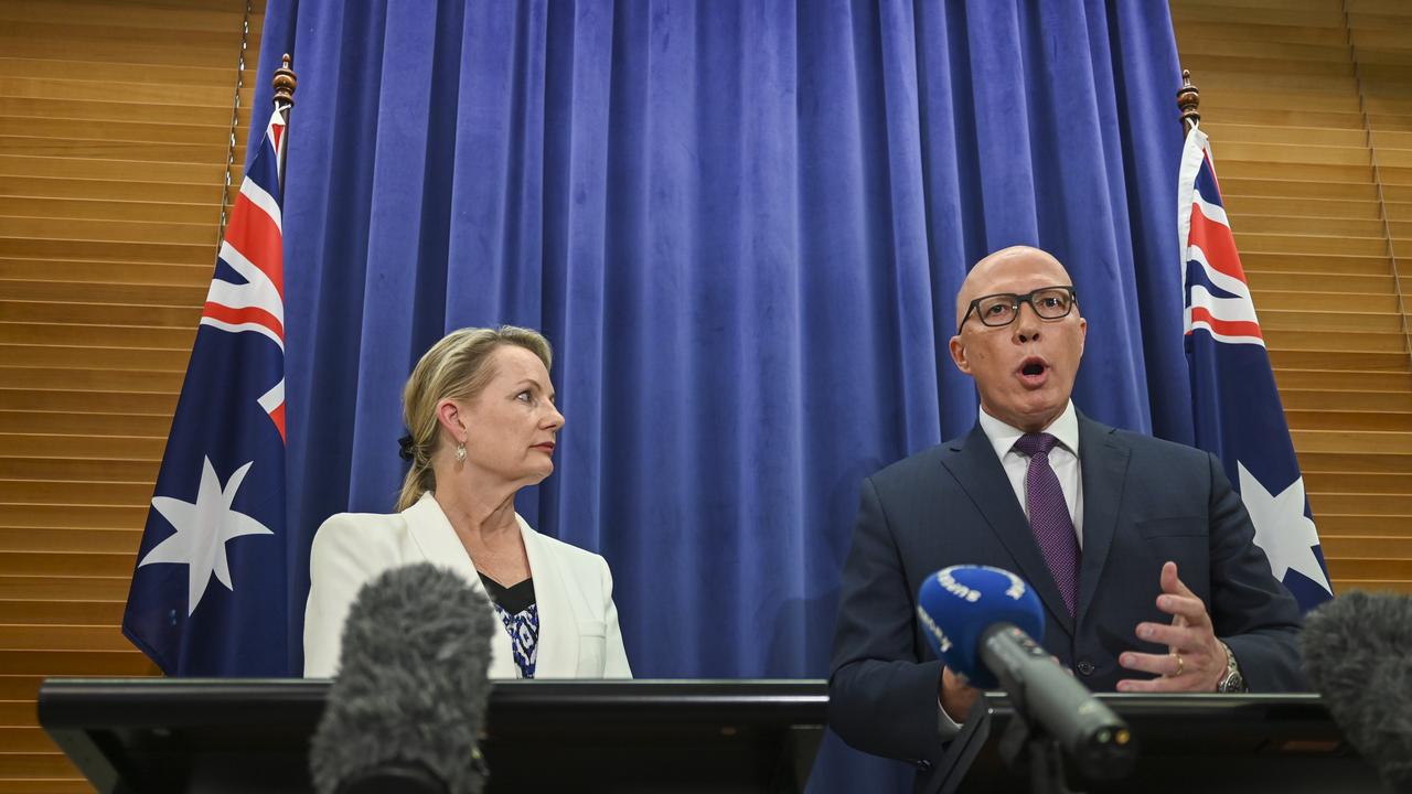 Opposition Leader Peter Dutton and deputy leader Sussan Ley have announced the party’s position on the Voice. Picture: NCA NewsWire / Martin Ollman