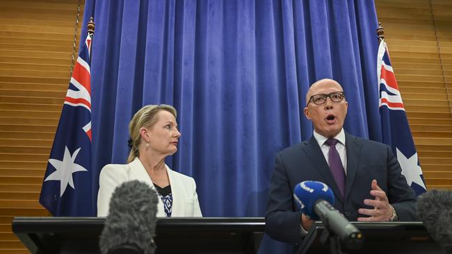 Opposition Leader Peter Dutton and deputy leader Sussan Ley have announced the party’s position on the Voice. Picture: NCA NewsWire / Martin Ollman