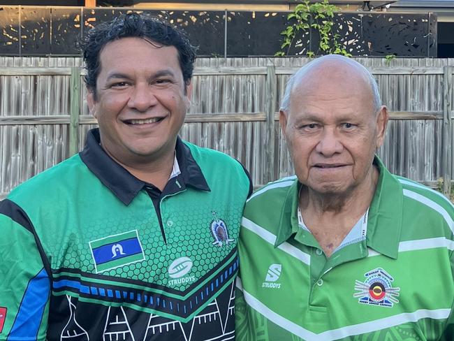 Wes Smith with his grandfather Dominic Kanak, the youngest of 13 and last remaining Kanak of his generation. The team includes third and fourth generation family members that play to honour Dominic and the Kanak name. Picture: Mitch Bourke