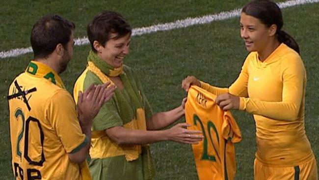 Fan Richard Cuthbert gets Sam Kerr’s shirt.