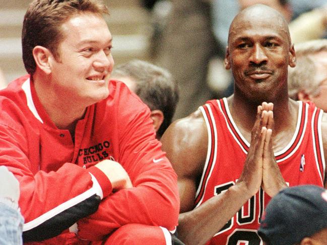 APRIL 29, 1998 : Chicago Bulls' Luc Longley (L) & Michael Jordan celebrate in East Rutherford 29/04/98 following victory over New Jersey Nets in first round of NBL playoffs.Basketball