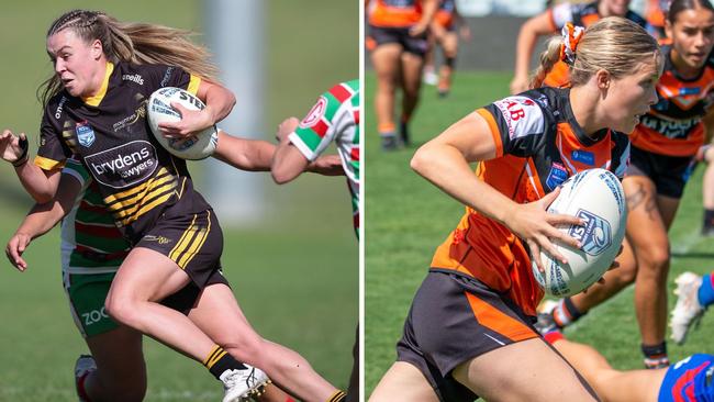 Jets on the rise, (L-R) Brooke Wilkins for Mounties and Abby Crane on the move for Wests Tigers in the Tarsha Gale Cup. Pictures: Bryden Sharp – NSWRL, Thomas Lisson.