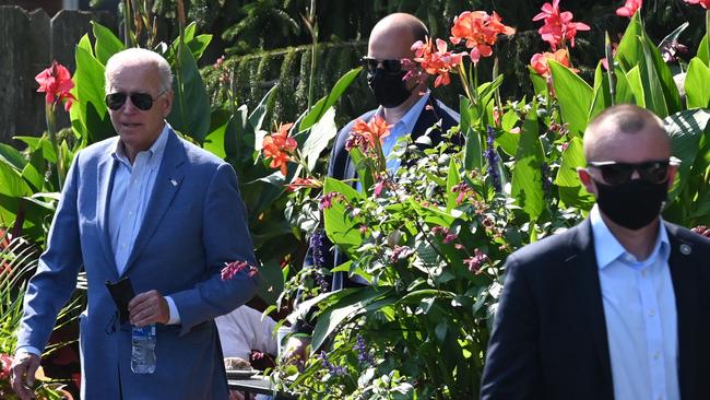 Joe Biden departs the Brew Haha! cafe in Wilmington, Delaware, on Sunday. Picture: AFP