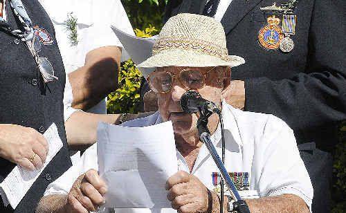 Resident Fred Hyland, reading the poem A Soldier Died Today at a pre-Anzac Day service at Ballina Ex-Services Home. . Picture: DOUG EATON