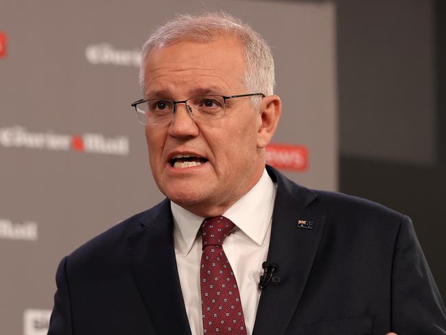 FEDERAL ELECTION TEAM 2022. LEADERS DEBATE.  POOL IMAGES. 20/4/2022Sky News / The Courier-Mail PeopleÃs Forum with Scott Morrison (pictured) and Anthony Albanese at the Gabba, Brisbane in front of 100 undecided voters, the first debate of the federal election. Picture: Toby Zerna