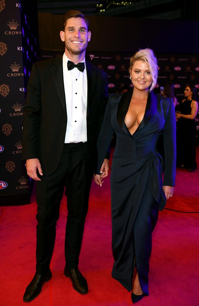 Emma Hawkins has been absent from the Brownlow carpet in recent years, but she brought sexy back in a tuxedo style top flowing into draped navy skirt by Oglia Loro. Picture: Jason Edwards