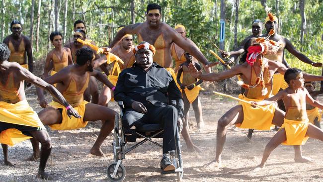 Yunupingu at Garma 2019 sending the message to the government to “fix the constitution or we’ll throw it into the sea”. Picture: Peter Eve