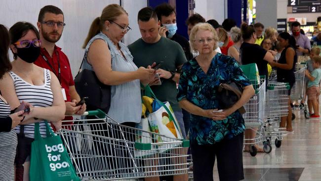 Huge lines at Skygate Woolworths. Picture: David Clark