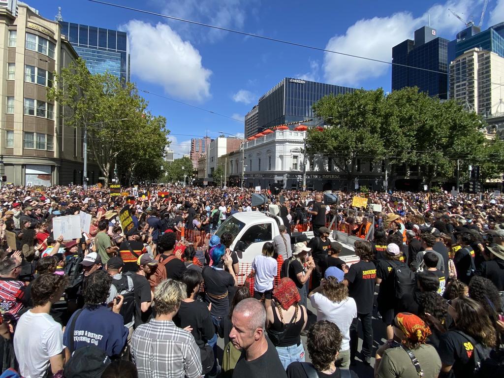 Huge crowds gather outside Victorian Parliament House in Melbourne for the annual Invasion Day Rally. Picture : NCA NewsWire / Valeriu Campan