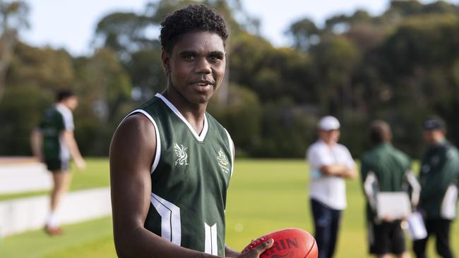 Westminster School’s Anthony Munkara has become talk of the college footy after his nine-goal haul against Trinity. The year 11 boarder from the Tiwi Islands could be the competition’s next star. Picture: Mark Brake