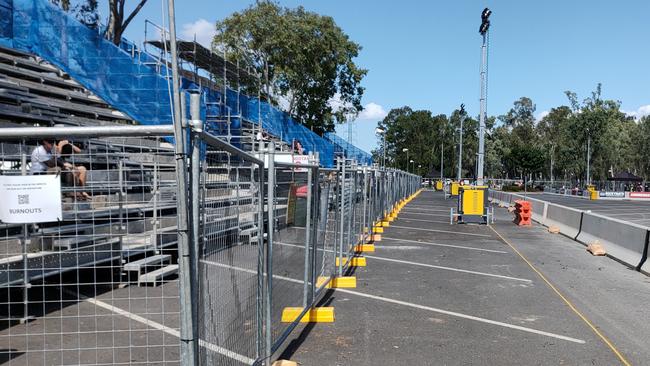 Grandstands line one side of the Rare Spares Rockynats burnout pad at Callaghan Park Racecourse, on Reaney Street. Picture: Rodney Stevens