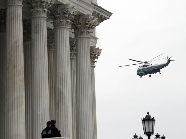 The Marine helicopter with former President Barack Obama and Michelle Obama aboard departs the East Front of the U.S. Capitol on January 20, 2017 in Washington. Picture: AP