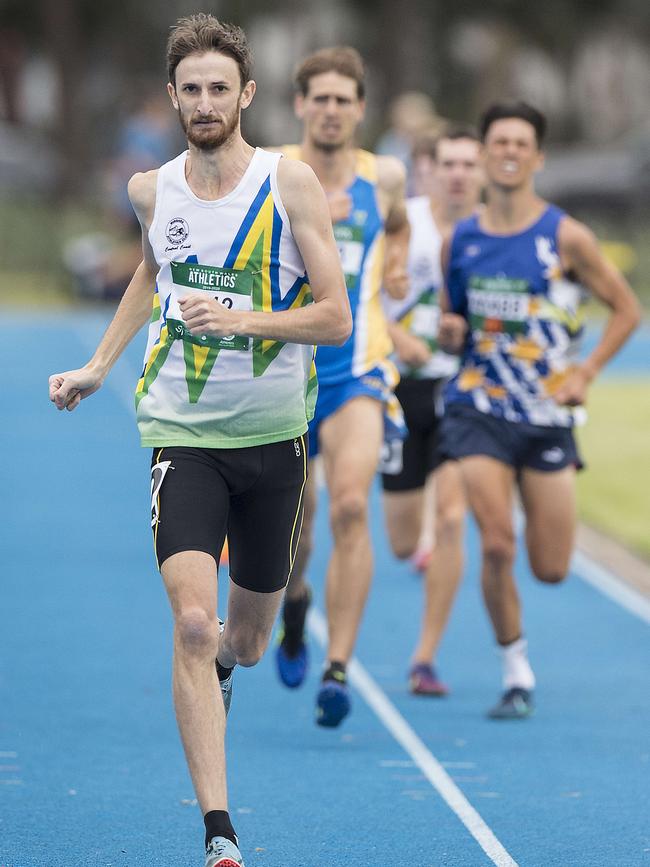 Mingara’s Craig Cameron on his way to winning the Men 800m Open event during Athletics NSW All Comers meet on January 11. Picture: Troy Snook