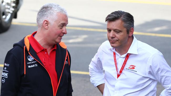 V8 SUPERCARS. Former HRT team boss Adrian Burgess with V8 Supercars CEO James Warburton. Picture: Tim Hunter.