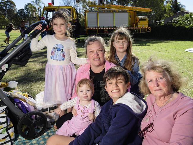 At Sadie's Day Out are (from left) Cora Brunner, baby Isla Brunner, Leteisha Searle, Ava Searle, Hayden Searle and Debbie Gillam. The event, a special celebration of the life of five-year-old crash victim Sadie, was held at Cambooya State School, Saturday, June 7, 2025. Picture: Kevin Farmer