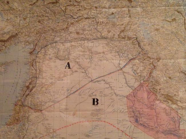 The map that British and French diplomats Sir Mark Sykes and Francois Georges-Picot drew on at a secret meeting to carve up the Ottoman Empire. ‘A’ represents French territory including Syria and Lebanon. ‘B’ represents Iraq, Transjordan and Palestine. It became known as the Sykes-Picot agreement.