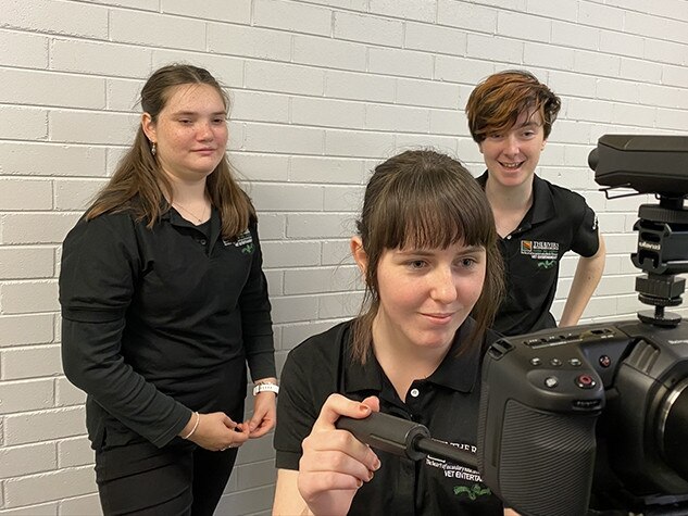 Poppy, Hayley and Montana, all Year 10 students at Rivers College Kadina, experiment with filmmaking equipment.