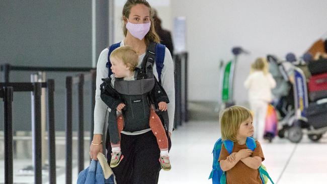 Patrick Dangerfield’s wife, Mardi, en route to the Cats’ hub with their children. Picture: Mark Stewart