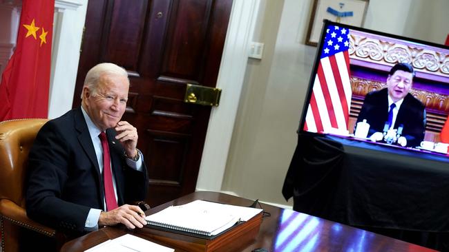 US President Joe Biden meets with China's President Xi Jinping during a virtual summit from the Roosevelt Room of the White House in November.