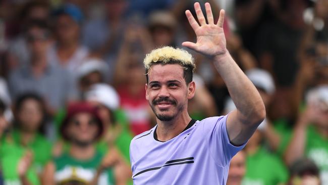 Alex Bolt celebrates his victory over Jack Sock. Picture: AAP