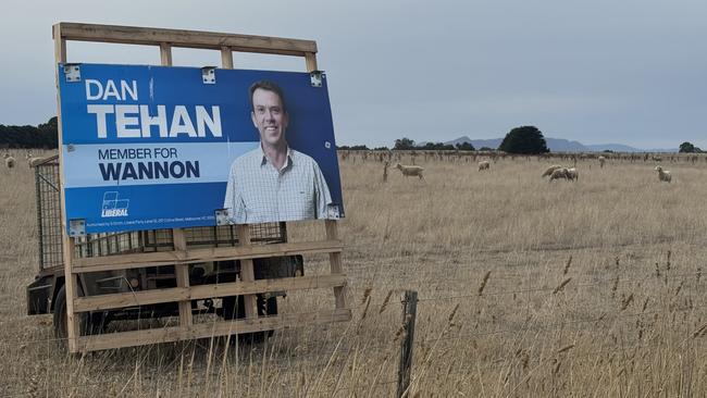 Campaign sign for Dan Tehan in a paddock near Dunkeld. Picture: Kate Dowler