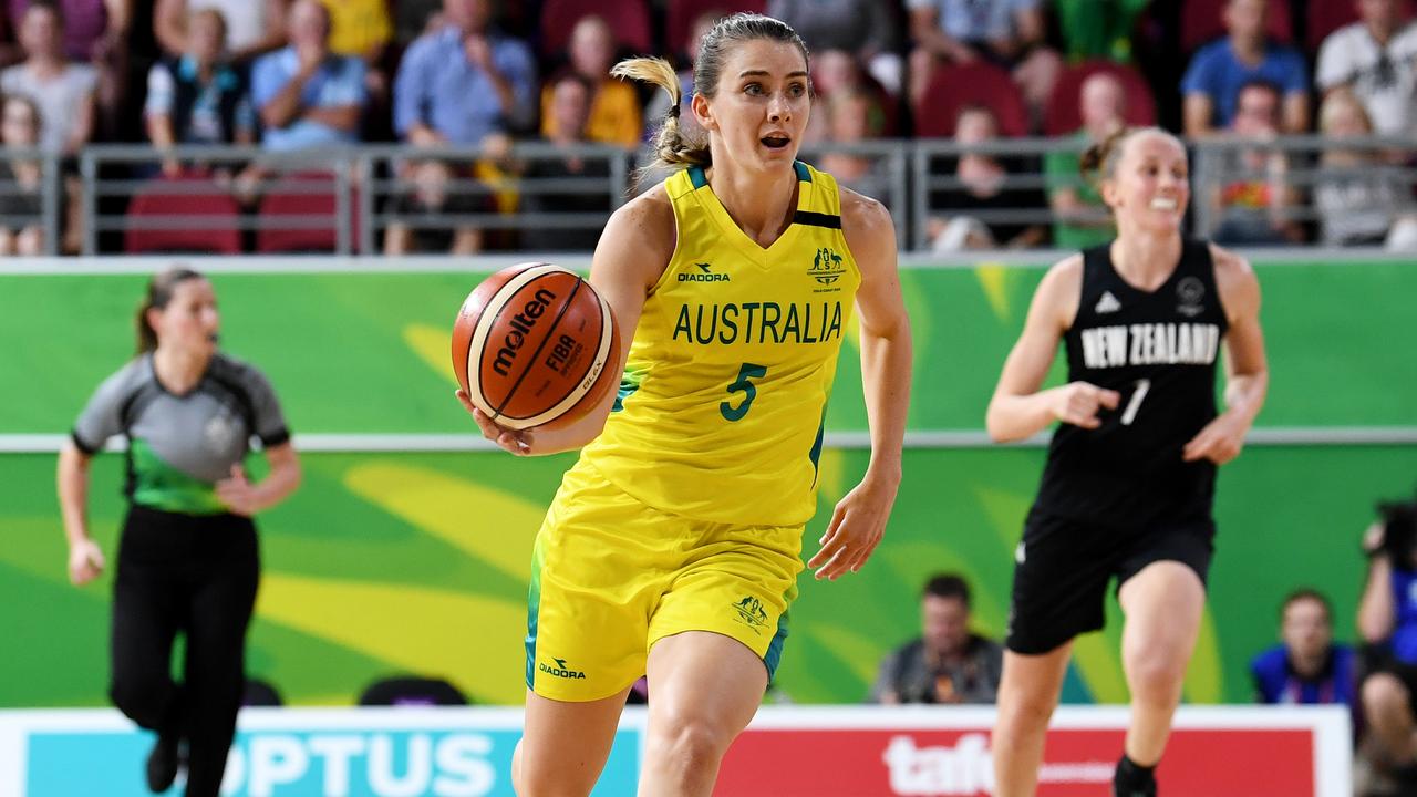 Tessa Lavey strutting her stuff for the Opals on the basketball court. (AAP Image/Tracey Nearmy)