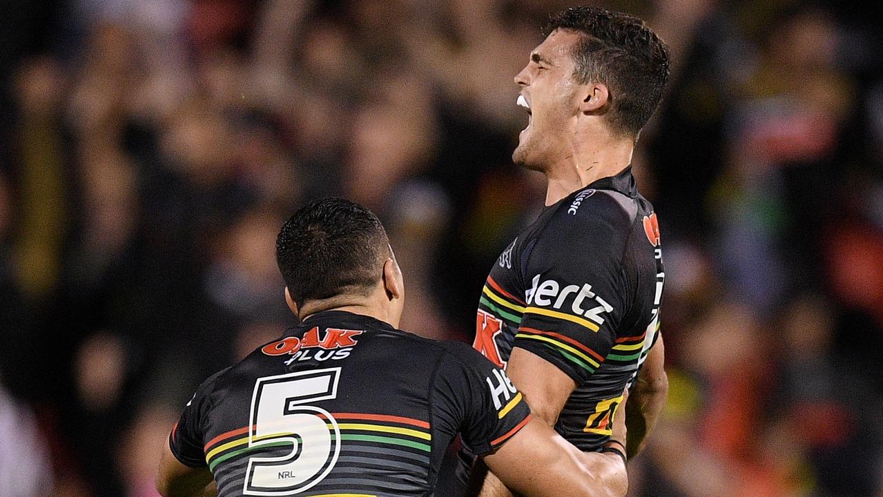 Nathan Cleary celebrates after kicking the winning field goal against the Wests Tigers.