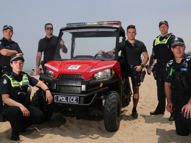 POLICE will saturate bayside suburbs with Òsignificant resourcesÓ from Wed bracing for youth violence near our beaches as temperatures soar. Friday Ñ tipped to reach 41C Ñ is said to be a Òvery concerningÓ day for officers as many punters will get boozey at Christmas functions and want to cool down at the beach afterward.It comes after dozens of youths brawled last week on Mordialloc and Chelsea beaches causing at least three people to be hospitalised. [left to right]  Senior Sergeeant Alex Jackson, Constable Dre Stergar, Constable Ryan Smith,  Constable Mitchell Weekes, Constable Ben Halliday and  Leading Senior Constable Stuart Clowes.  Picture: Alex Coppel.