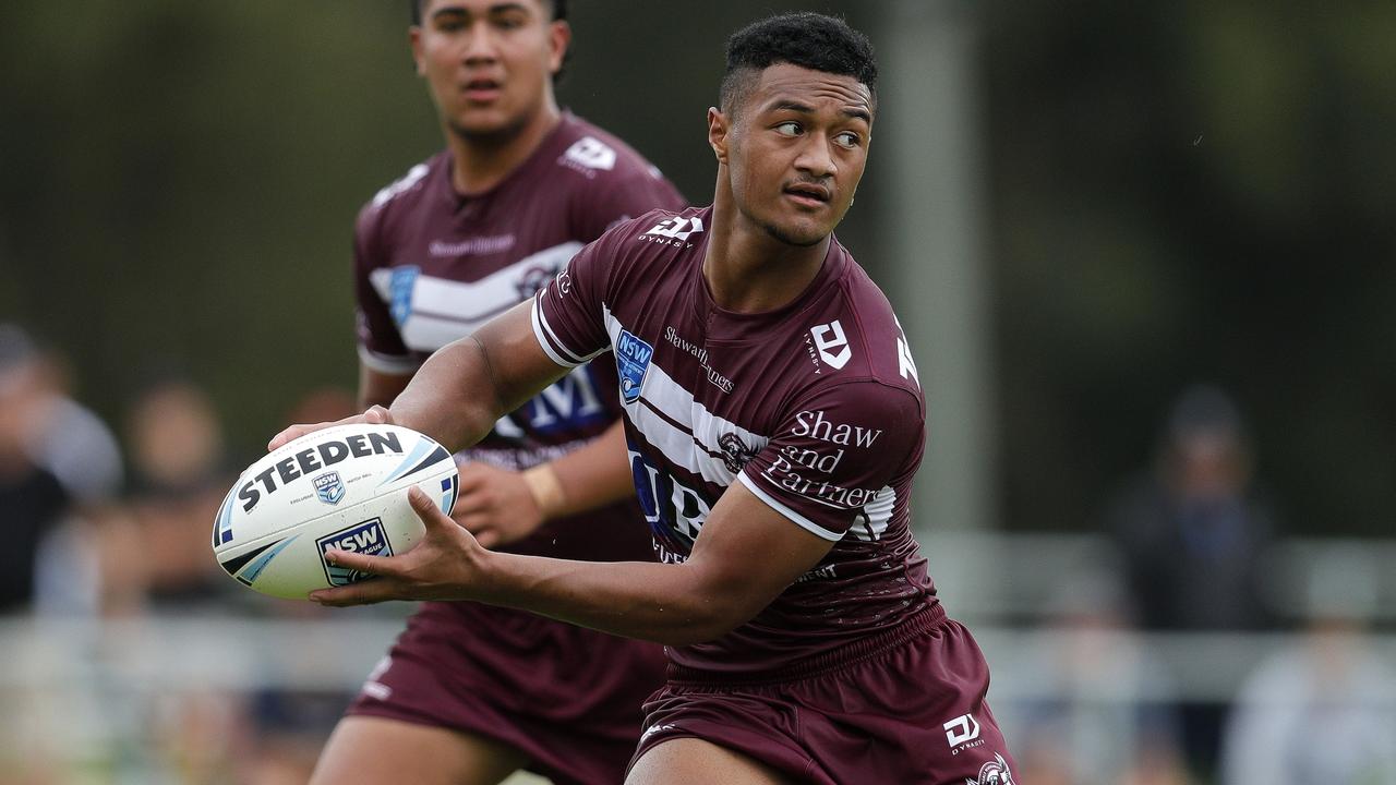 Latu Fainu in action for Manly's Harold Matthews Cup side, Round 1, 2021. (Must Credit Bryden Sharp)