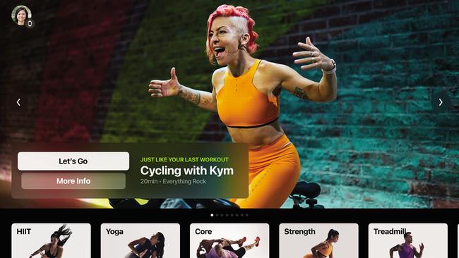 Apple Fitness+ app workouts types include cycling, rowing, treadmill, HIIT, strength, yoga and dance. Picture: Supplied