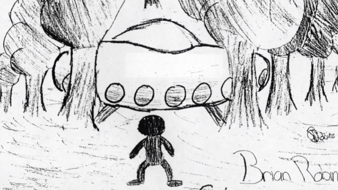 Sketches by the children show a flying saucer craft and a black figure coming towards them. Picture: The Sun