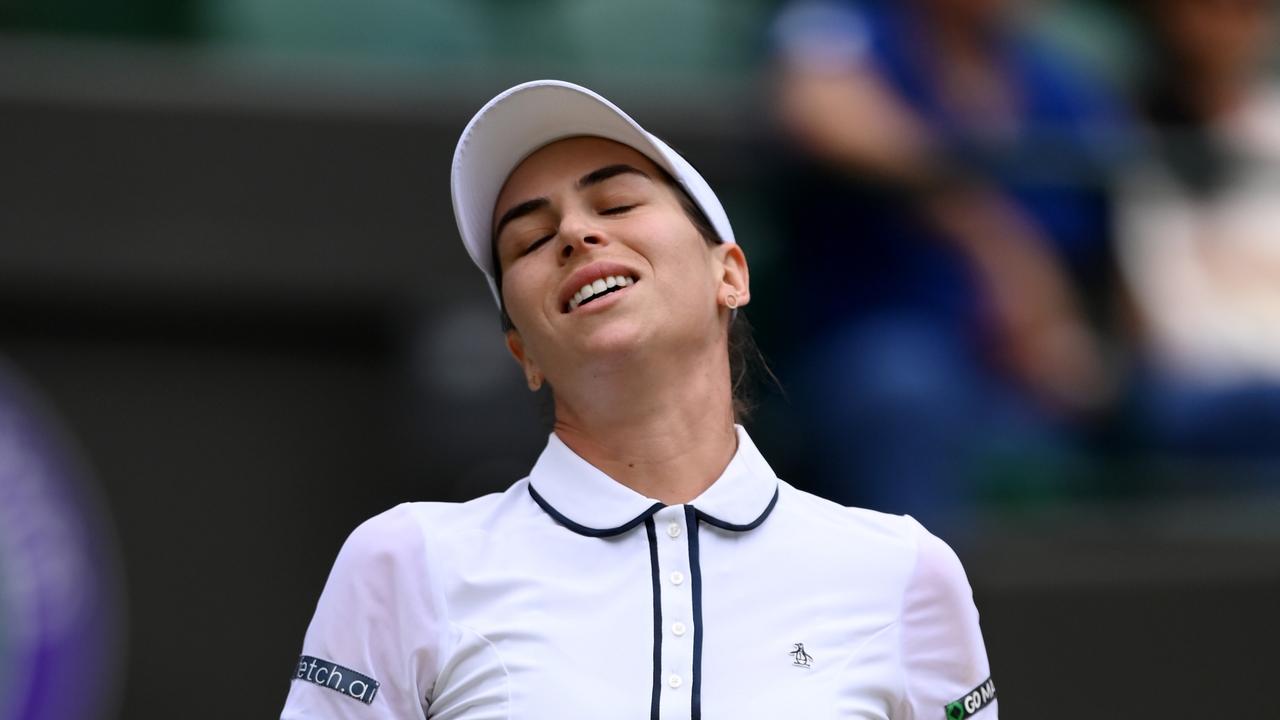 LONDON, ENGLAND – JULY 06: Ajla Tomljanovic of Australia reacts against Elena Rybakina of Kazakhstan during their Women's Singles Quarter Final match on day ten of The Championships Wimbledon 2022 at All England Lawn Tennis and Croquet Club on July 06, 2022 in London, England. (Photo by Justin Setterfield/Getty Images)