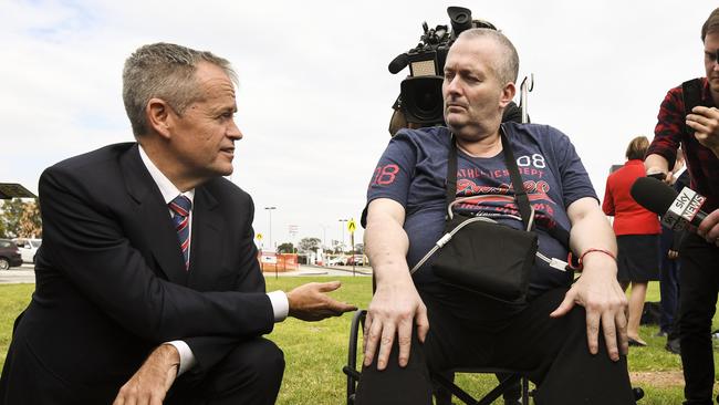 Australian Opposition Leader Bill Shorten speaks to cancer patient Rob Gibbs at the end of a press conference outside Casey Hospital in Melbourne. Picture: Lukas Coch/AAP NO ARCHIVING